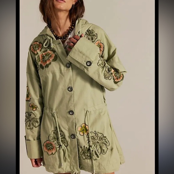 Free People We the Free Davy Jones Embroidered Beaded Parka in Sea of Sage - Picture 4 of 11